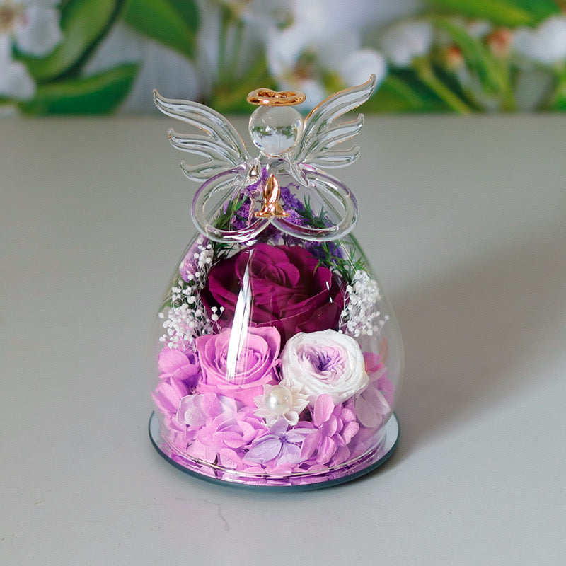 Preserved Rose Glass Flower Angel Figurine