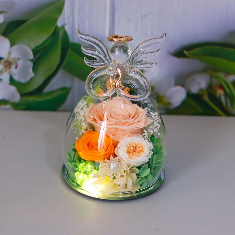Preserved Rose Glass Flower Angel Figurine