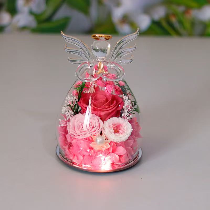 Preserved Rose Glass Flower Angel Figurine
