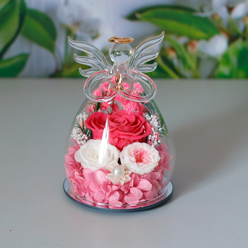 Preserved Rose Glass Flower Angel Figurine