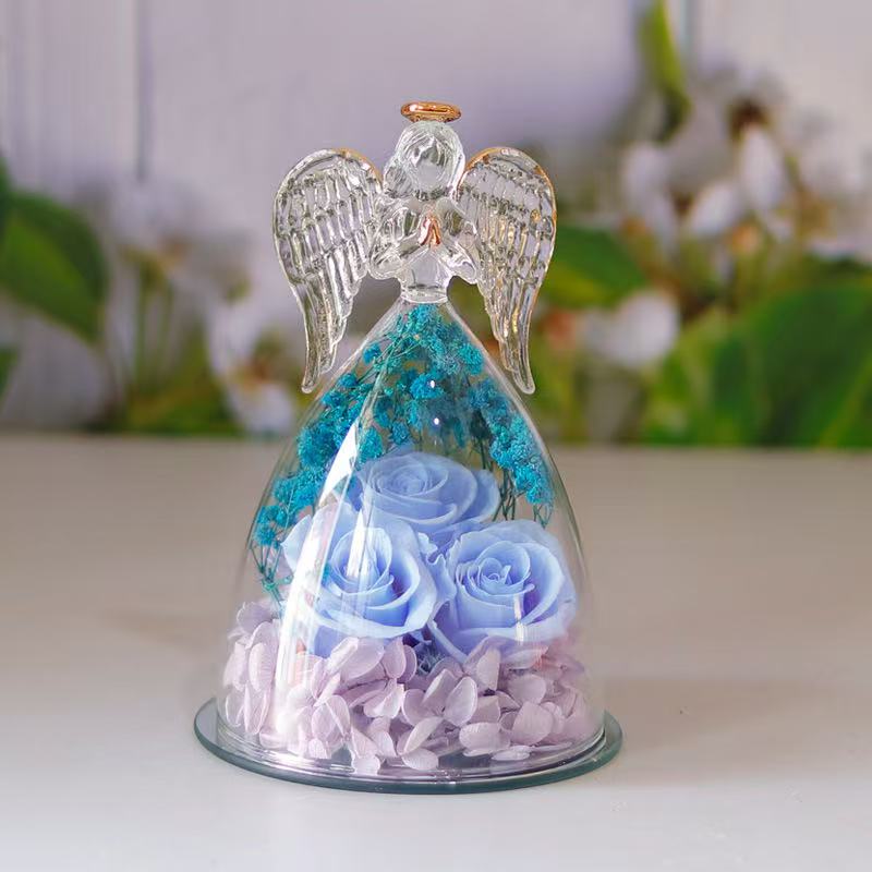 Preserved Rose Glass Flower Angel Figurine