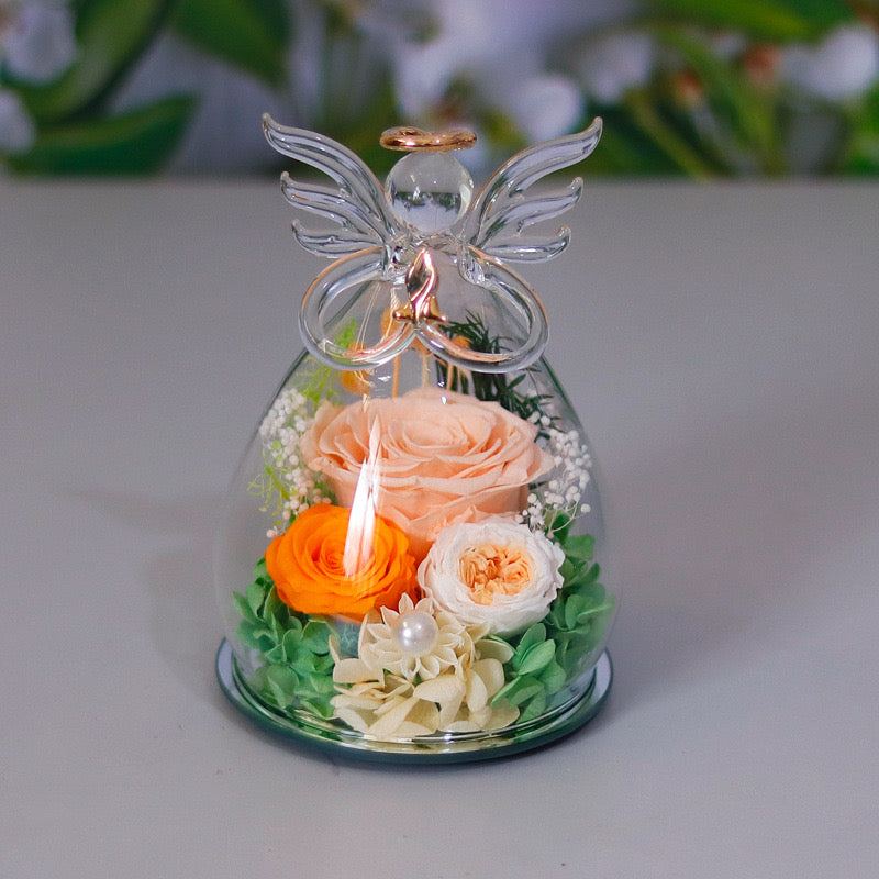 Preserved Rose Glass Flower Angel Figurine