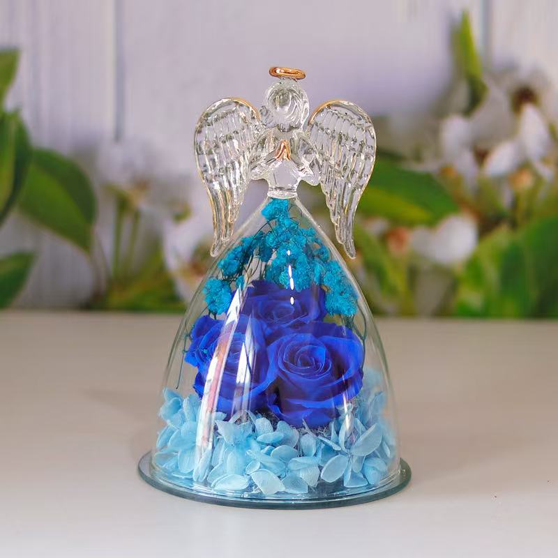 Preserved Rose Glass Flower Angel Figurine