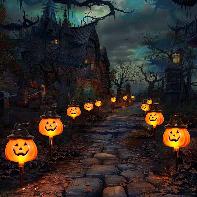 5 Pack Solar Jack O Lantern Stake String Lights - Orange Halloween Pathway Decor for Outdoor Halloween Yard Display