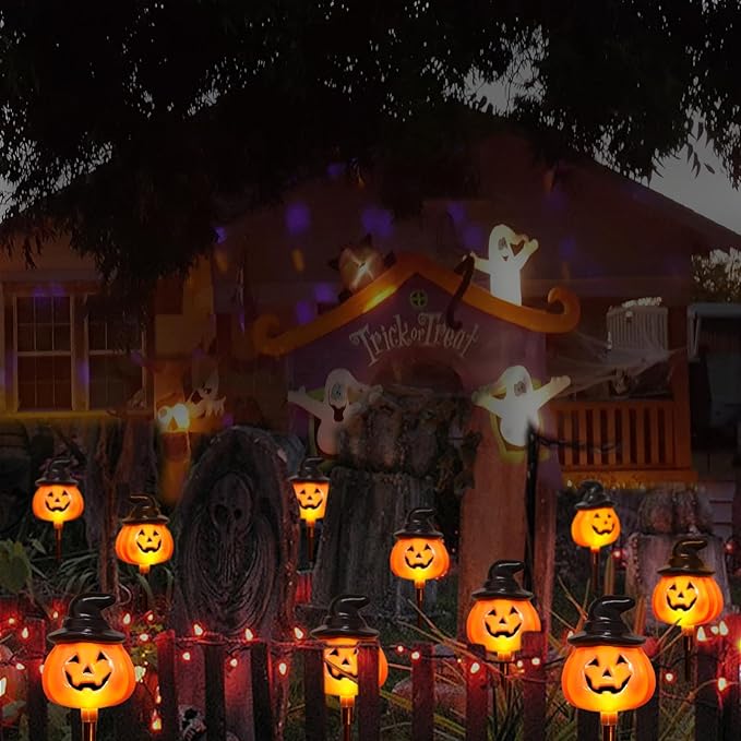 5 Pack Solar Jack O Lantern Stake String Lights - Orange Halloween Pathway Decor for Outdoor Halloween Yard Display