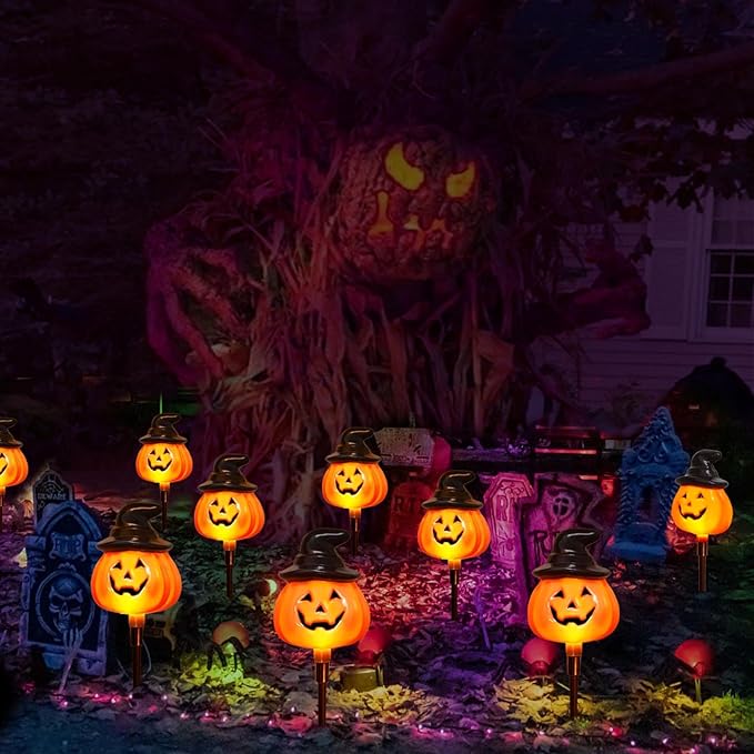5 Pack Solar Jack O Lantern Stake String Lights - Orange Halloween Pathway Decor for Outdoor Halloween Yard Display