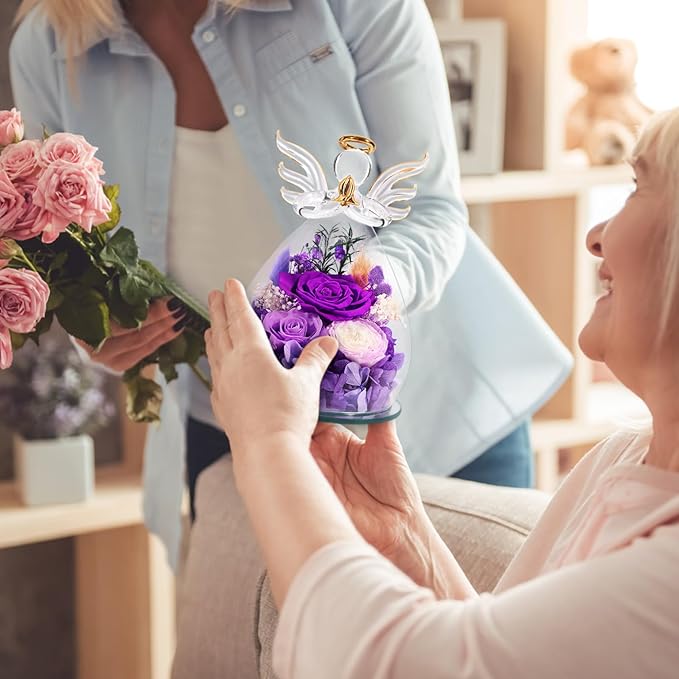 Preserved Rose Glass Flower Angel Figurine