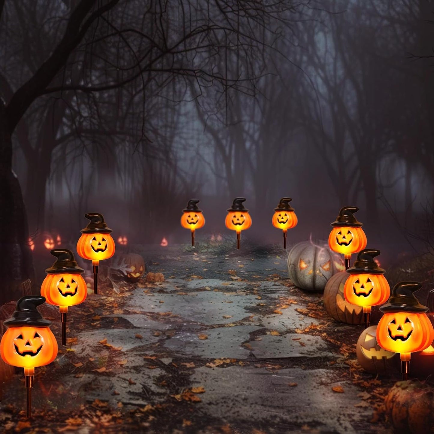 5 Pack Solar Jack O Lantern Stake String Lights - Orange Halloween Pathway Decor for Outdoor Halloween Yard Display
