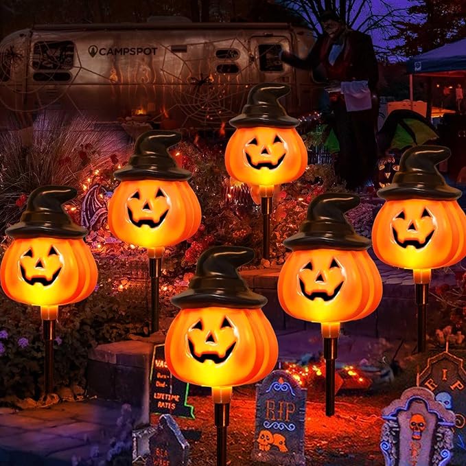 5 Pack Solar Jack O Lantern Stake String Lights - Orange Halloween Pathway Decor for Outdoor Halloween Yard Display