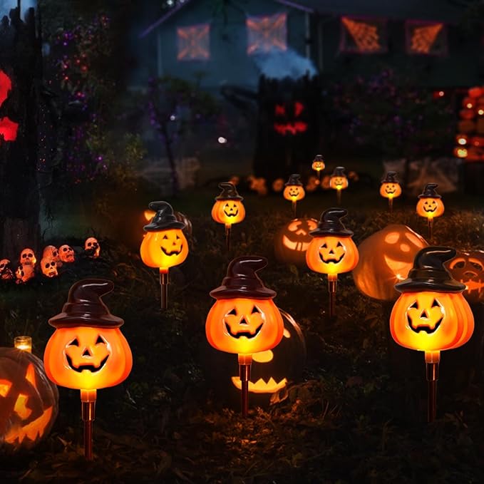 5 Pack Solar Jack O Lantern Stake String Lights - Orange Halloween Pathway Decor for Outdoor Halloween Yard Display