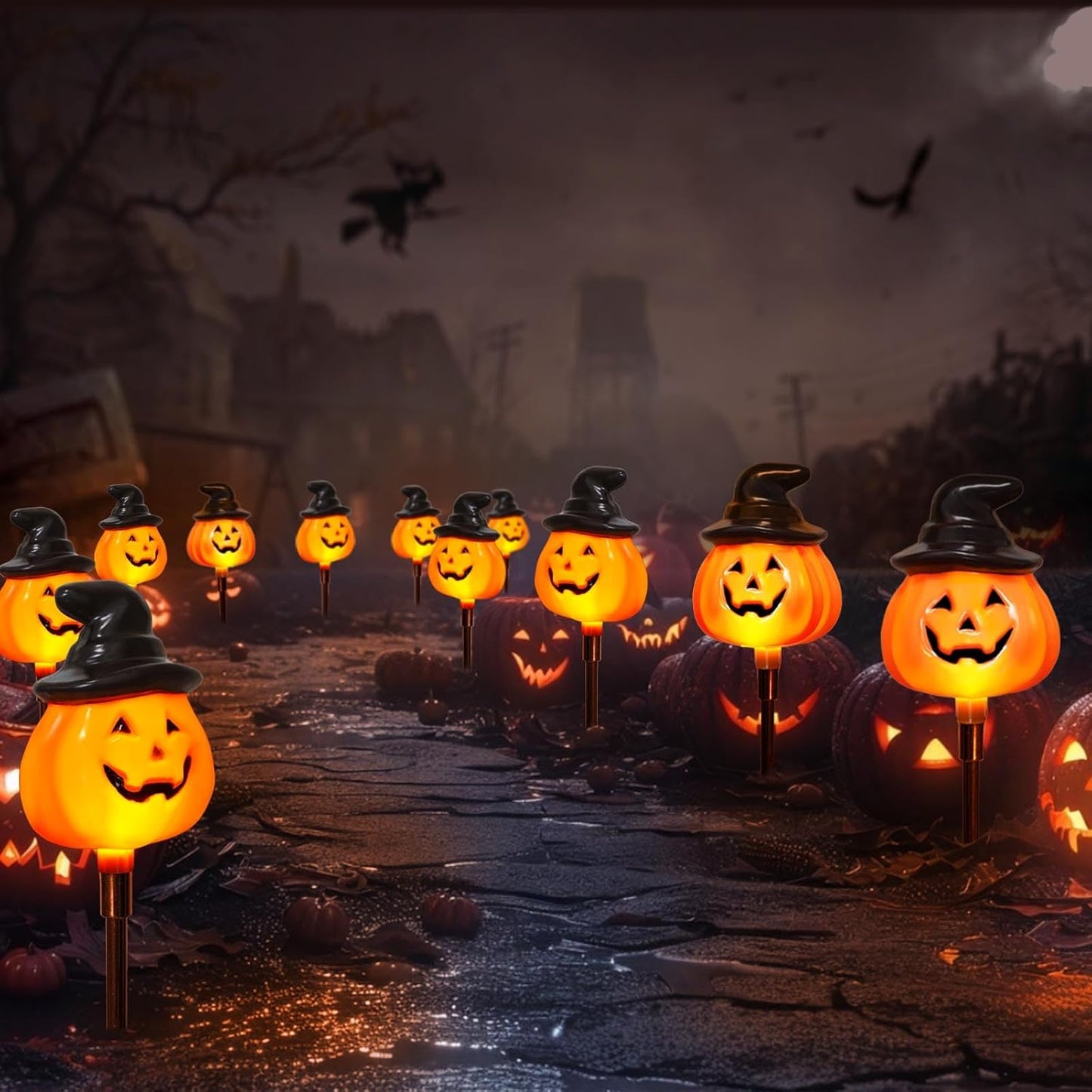 5 Pack Solar Jack O Lantern Stake String Lights - Orange Halloween Pathway Decor for Outdoor Halloween Yard Display