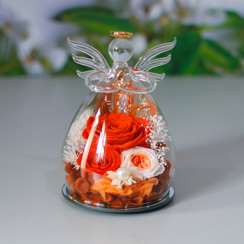 Preserved Rose Glass Flower Angel Figurine