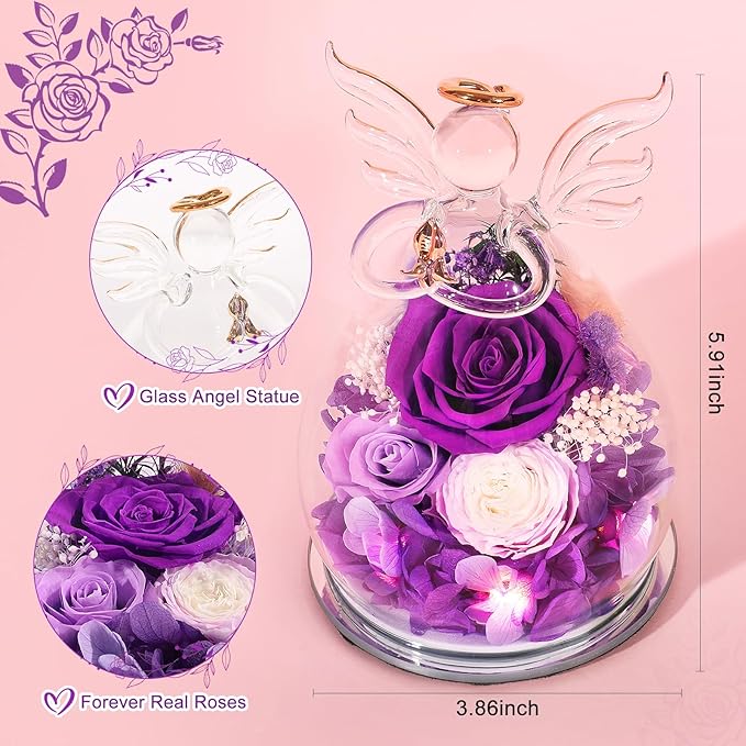 Preserved Rose Glass Flower Angel Figurine