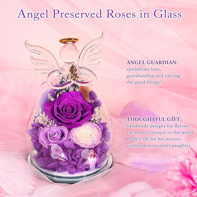 Preserved Rose Glass Flower Angel Figurine