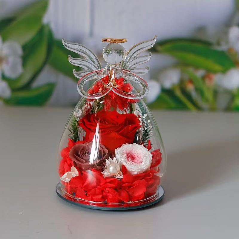 Preserved Rose Glass Flower Angel Figurine