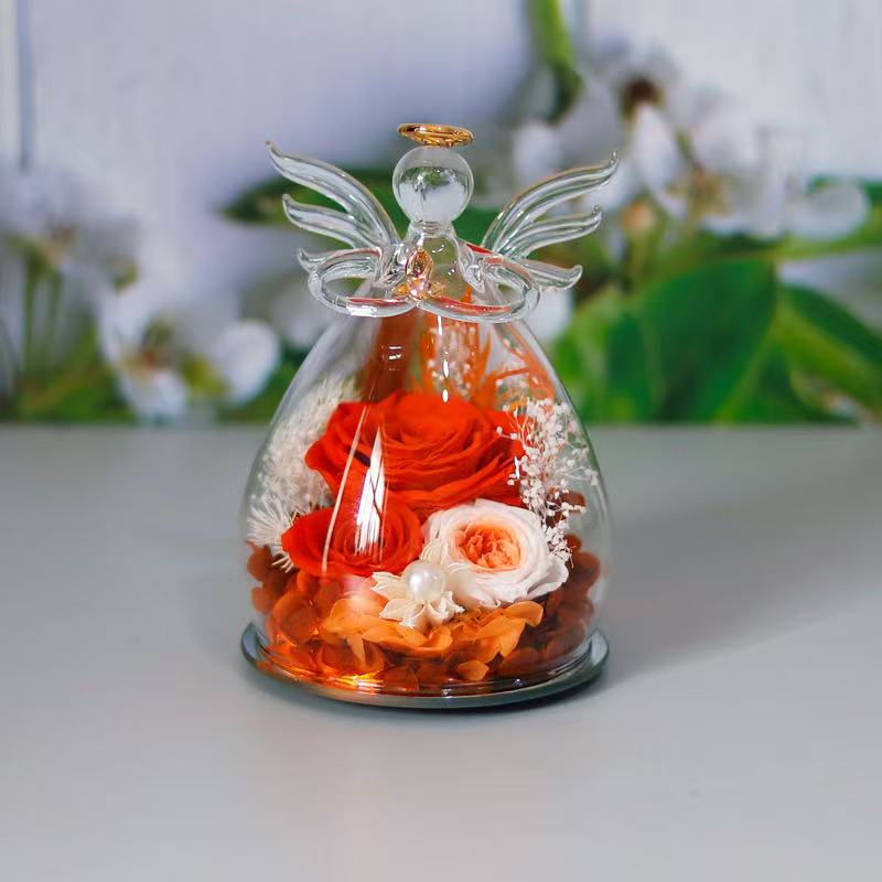 Preserved Rose Glass Flower Angel Figurine