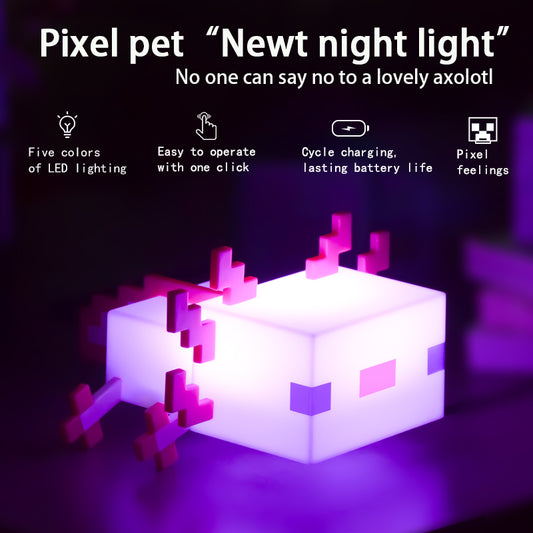 Pixel Pet "Newt" Night Light – Cute Axolotl, 5-Color LED, One-Click Operation, Rechargeable, Long-Lasting, Game-Inspired Design