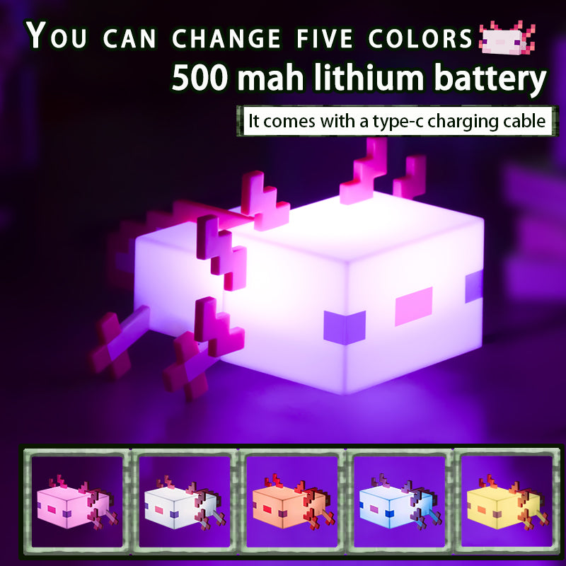 Pixel Pet "Newt" Night Light โ Cute Axolotl, 5-Color LED, One-Click Operation, Rechargeable, Long-Lasting, Game-Inspired Design