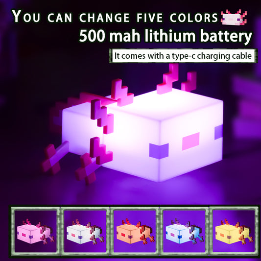 Pixel Pet "Newt" Night Light – Cute Axolotl, 5-Color LED, One-Click Operation, Rechargeable, Long-Lasting, Game-Inspired Design