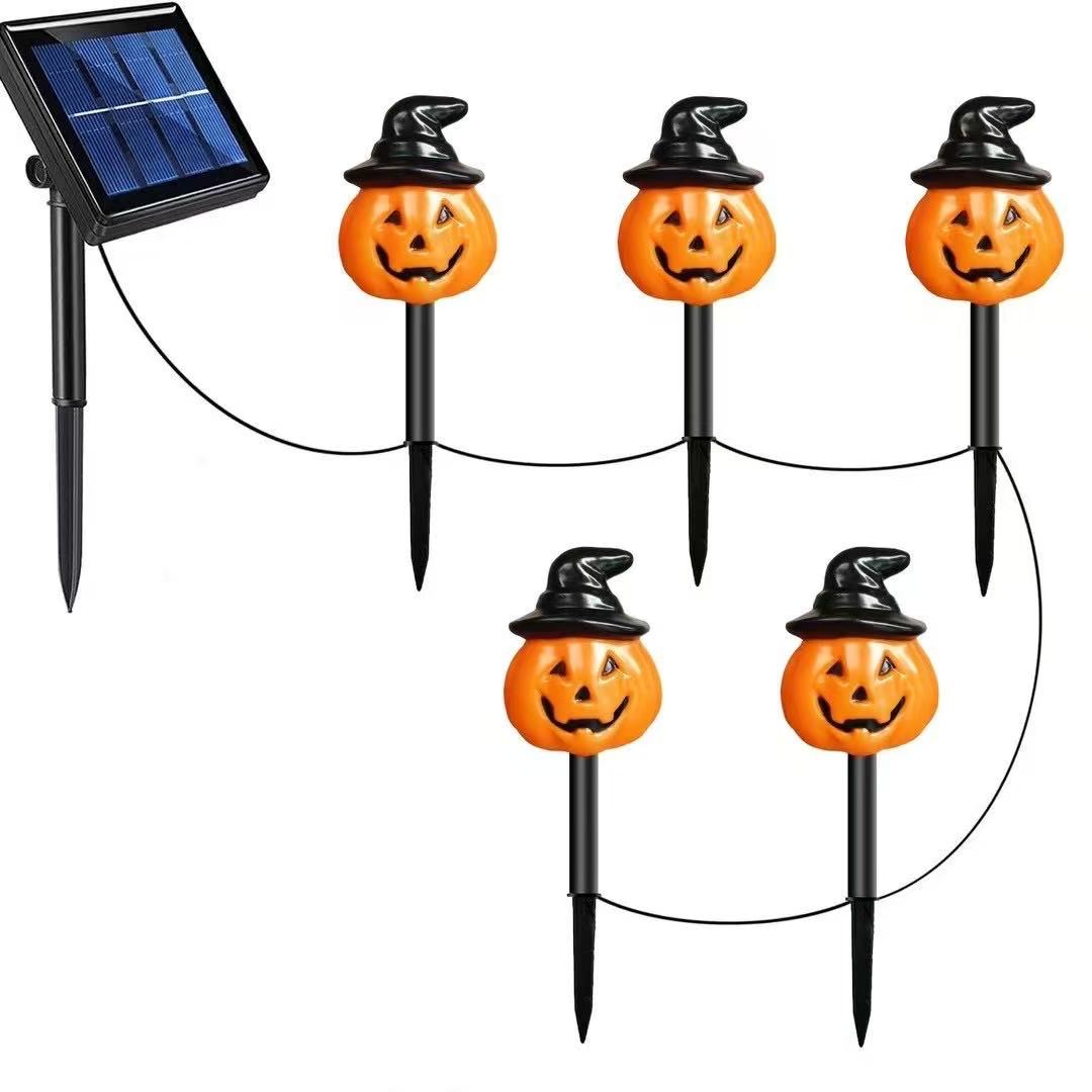 5 Pack Solar Jack O Lantern Stake String Lights - Orange Halloween Pathway Decor for Outdoor Halloween Yard Display