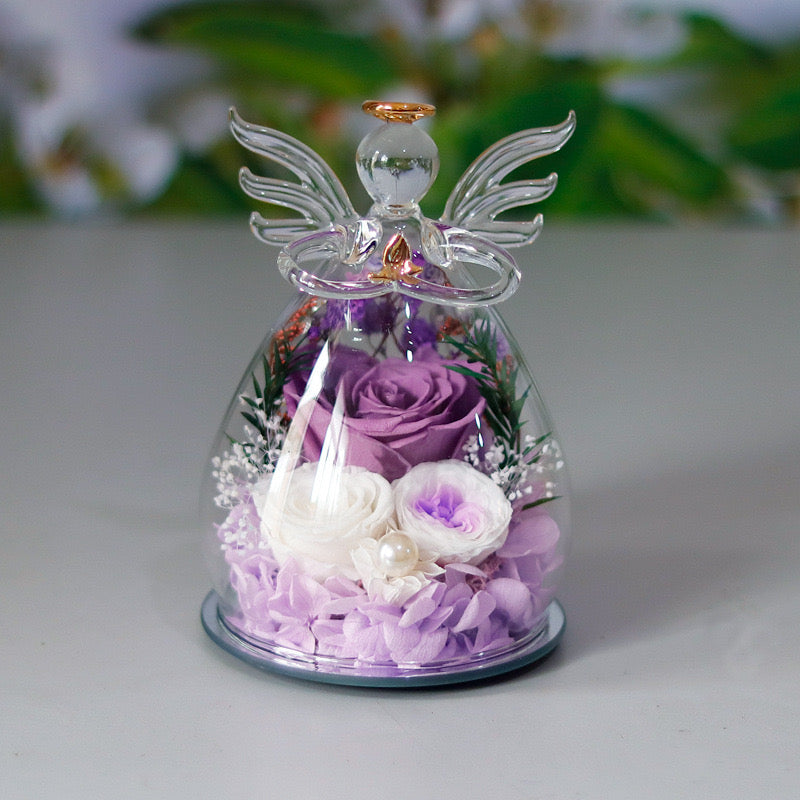 Preserved Rose Glass Flower Angel Figurine
