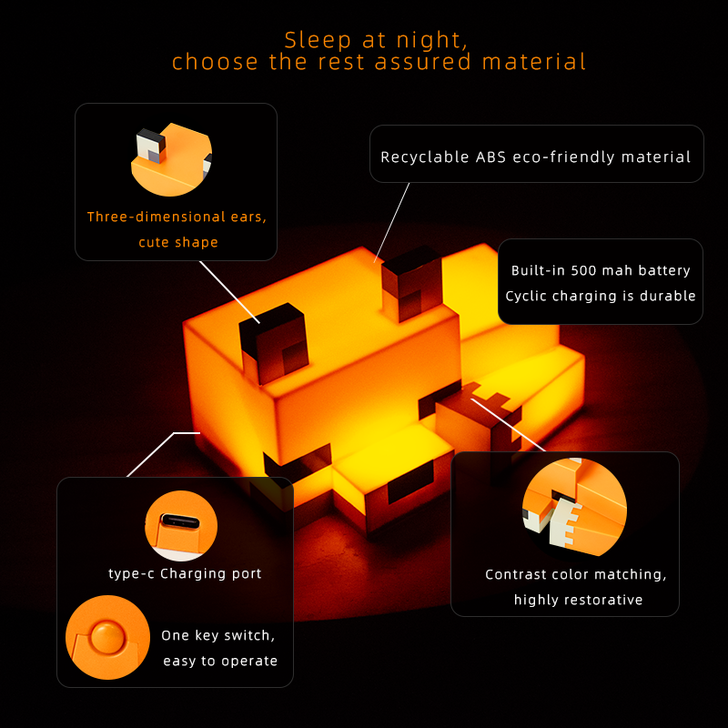Fox-Shaped Night Light – USB-C Rechargeable, Built-in 500mAh Battery, Cute Desk Lamp