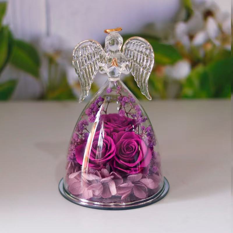 Preserved Rose Glass Flower Angel Figurine