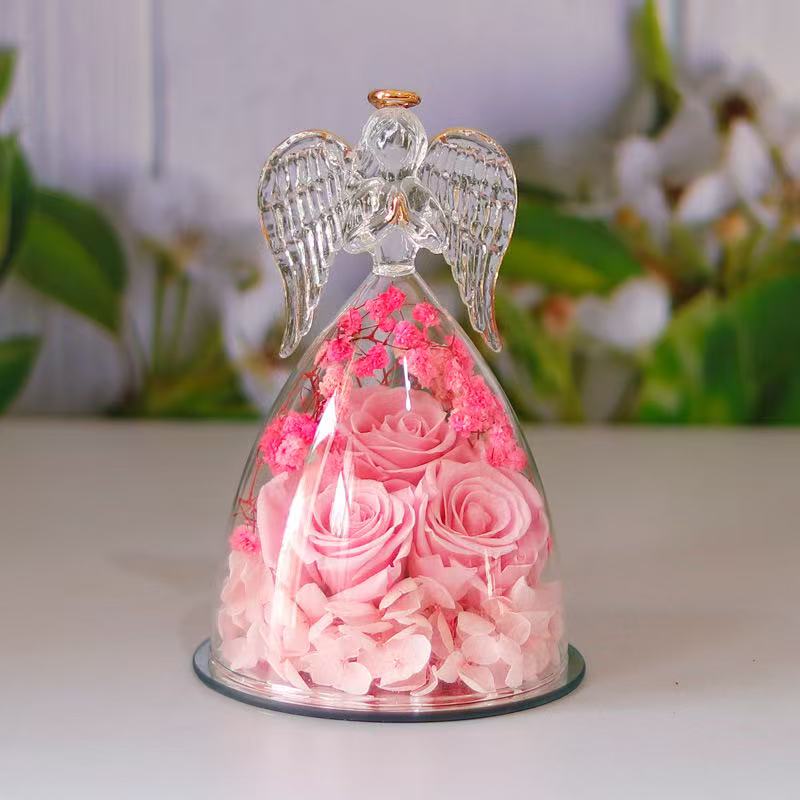 Preserved Rose Glass Flower Angel Figurine