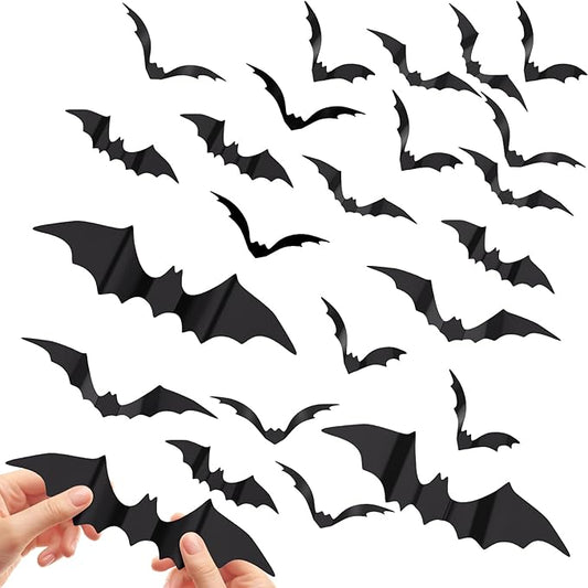 120 Pcs Halloween Bats Decoration - 4 Sizes Waterproof Removable 3D Scary Bat Stickers