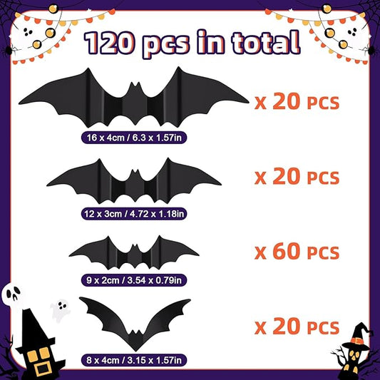 120 Pcs Halloween Bats Decoration - 4 Sizes Waterproof Removable 3D Scary Bat Stickers