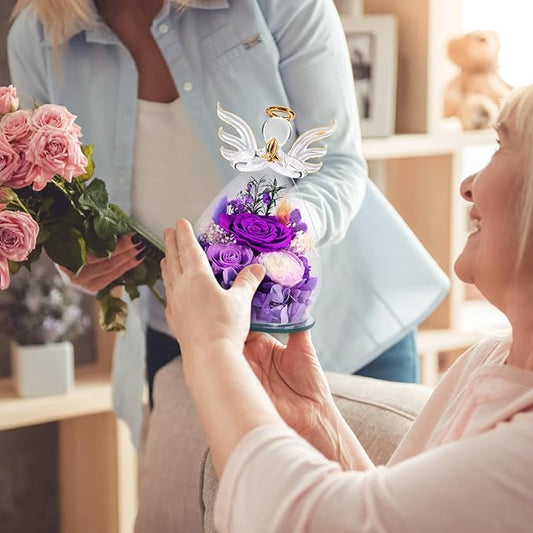 Preserved Rose Glass Flower Angel Figurine