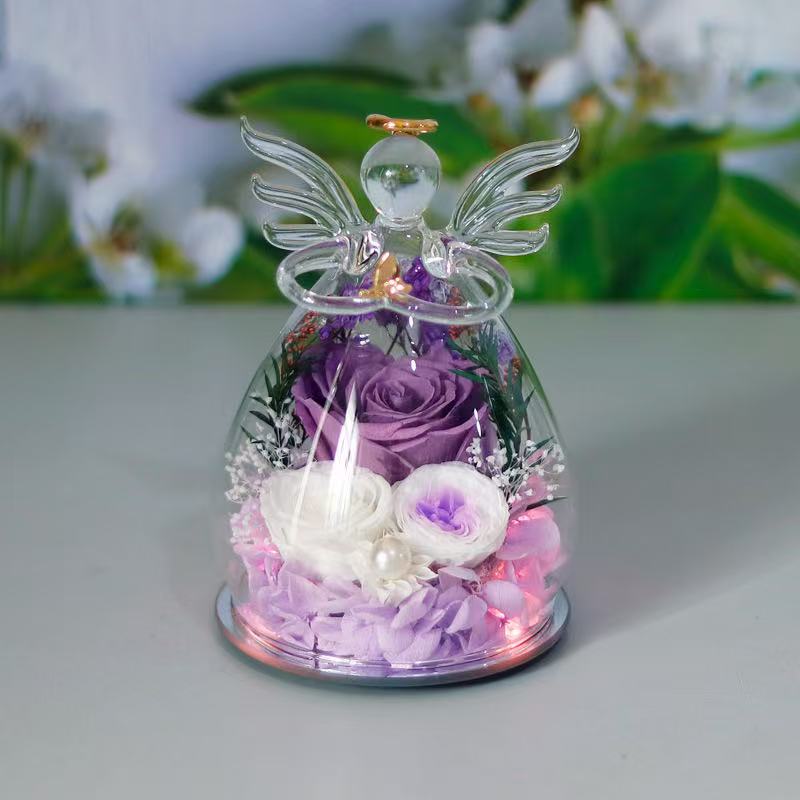 Preserved Rose Glass Flower Angel Figurine